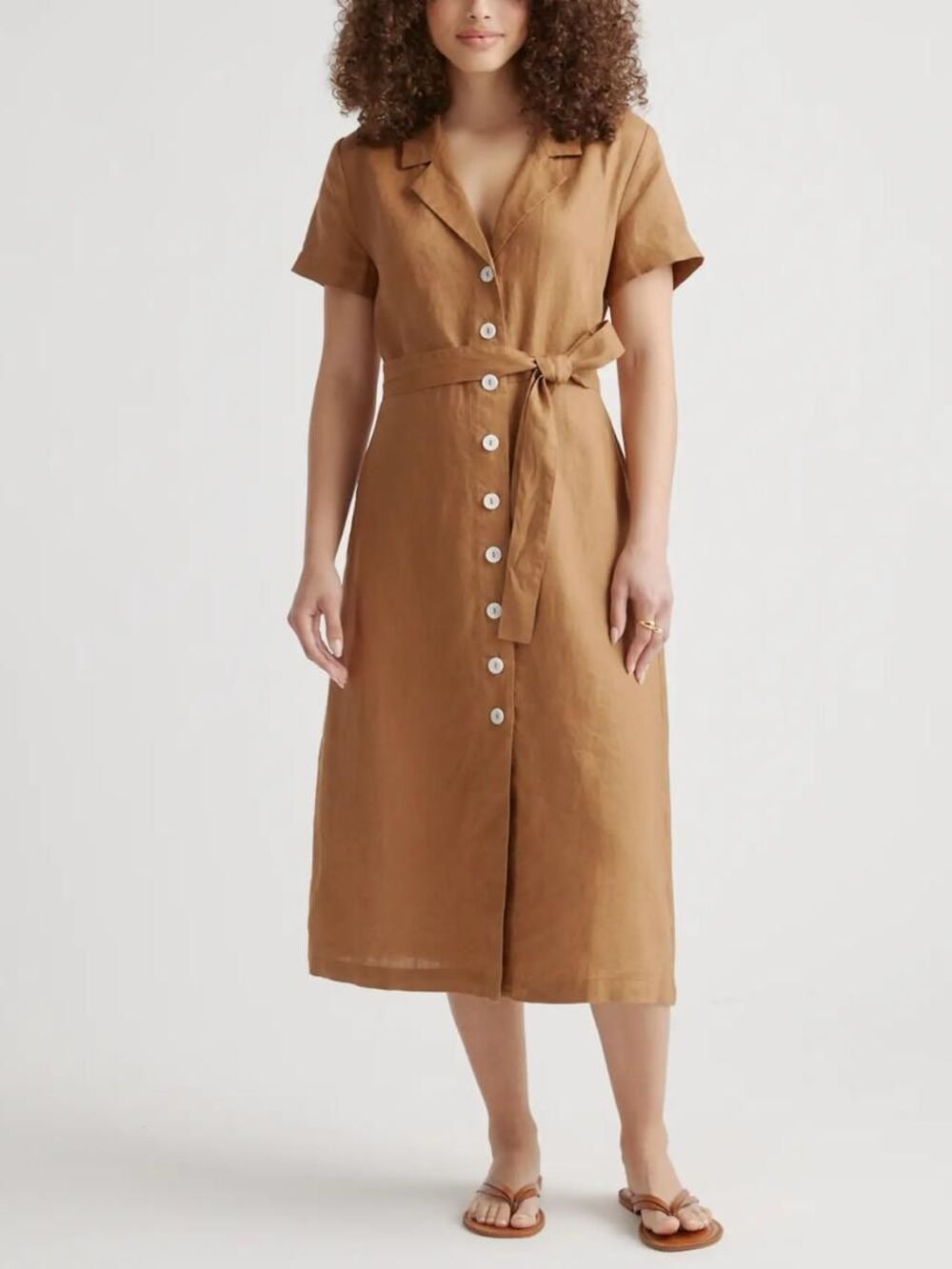 Quince 100% European Linen Button Front Midi Shirt Dress Brown M